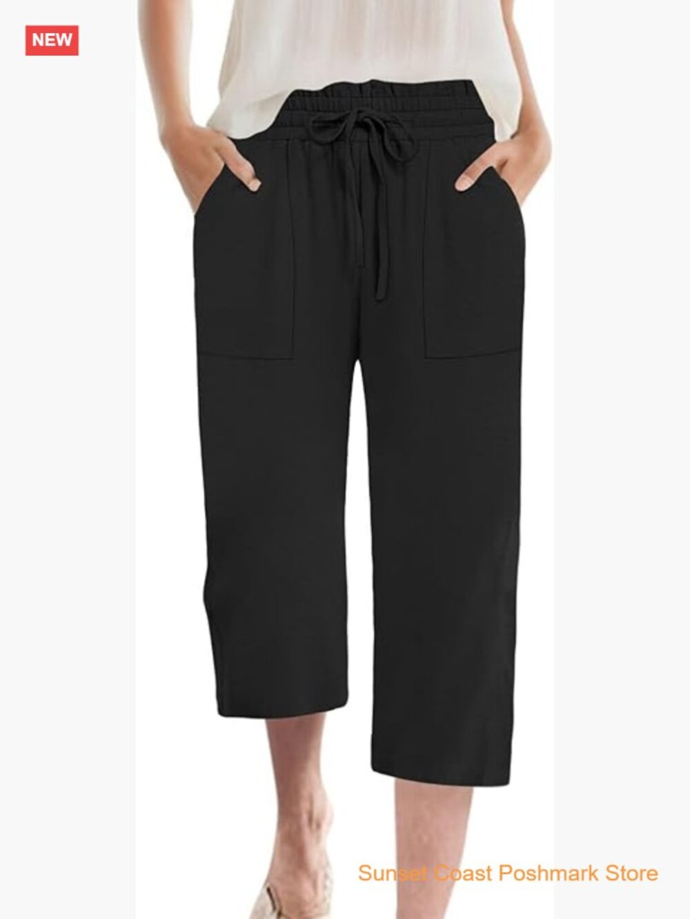 Womens Capri Pants Summer Wide Leg High Waisted Drawstring Casual Trousers with